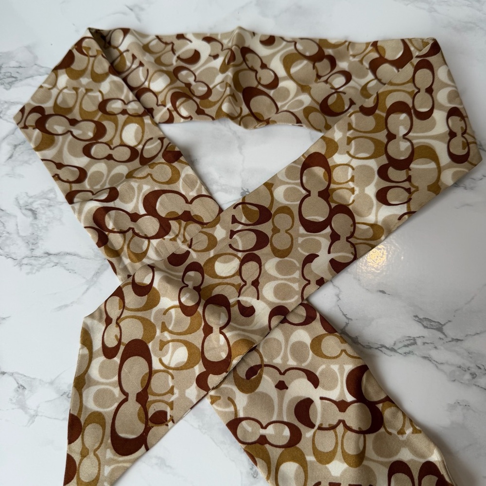 Coach Cream and Brown Silk Twilly Scarf